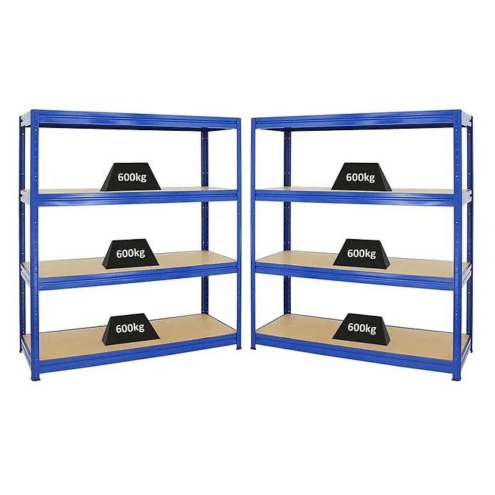 MegaDeal 2x Schwerlastregal DINO 180x160x60cm 4 Böden Fachlast 600kg Blau -  - Zwei blaue Schwerlast-Metallregale mit Holzregalböden, jedes Fach trägt 600 kg.