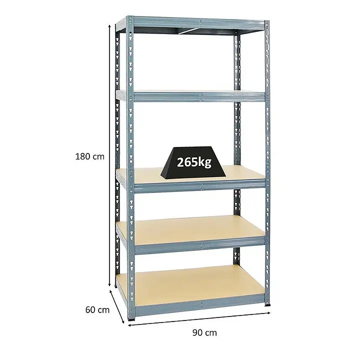 Schwerlastregal Tiger | HxBxT 180x90x60 cm |  Fachlast 265kg | Grau -  - Graues Metallregal mit 5 hellen Holzplatten, H180xW90xD60cm, 265kg Traglast pro Boden.
