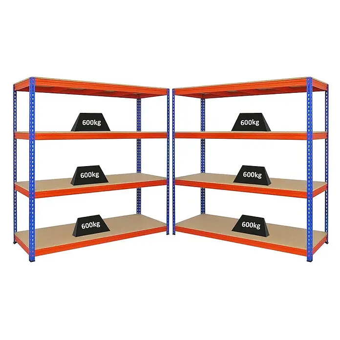 Mega Deal | 2x Profi Schwerlastregal BISON | HxBxT 200x200x60cm | 4 Fachböden | Fachlast 600kg | Blau-Orange -  - Zwei Schwerlastregale mit blauen und orangen Rahmen und Holzablagen, jede Ablage für 600kg Traglast ausgelegt.