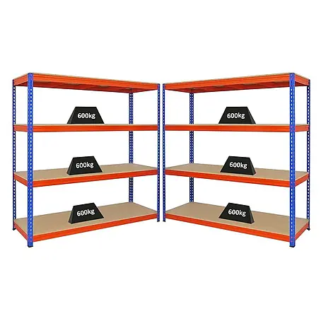 Mega Deal | 2x Profi Schwerlastregal BISON | HxBxT 200x200x60cm | 4 Fachböden | Fachlast 600kg | Blau-Orange