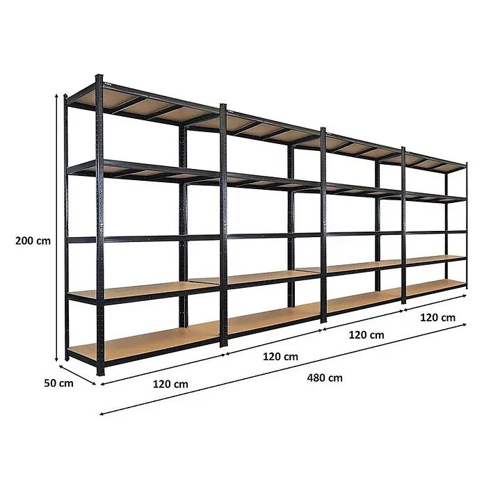 Mega Deal | 4x Schwerlastregal Giant Ragnar | HxBxT 200x120x50cm | 5 MDF-Platten-Ebenen | Fachlast 175kg | Schwarz -  - Schwarzes Metallregal mit Holzablagen, Maße 200 cm H, 50 cm T, 480 cm B.