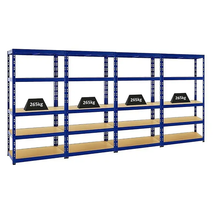 Mega Deal | 4x Schwerlastregal Tiger | HxBxT 180x90x45 cm |  Fachlast 265kg | Blau -  - Blaues Metallregal mit Holzablagen, das seine hohe Tragfähigkeit mit 265kg Gewichtskennzeichnung demonstriert.