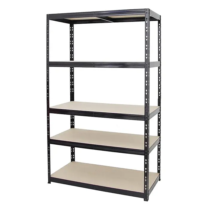 Schwerlastregal Giant Tiger 200x120x60 cm Fachlast 265kg 5 Ebenen Schwarz -  - Fünfstufiges schwarzes Metallregal mit beigefarbenen Holzablagen für Schwerlastlagerung.