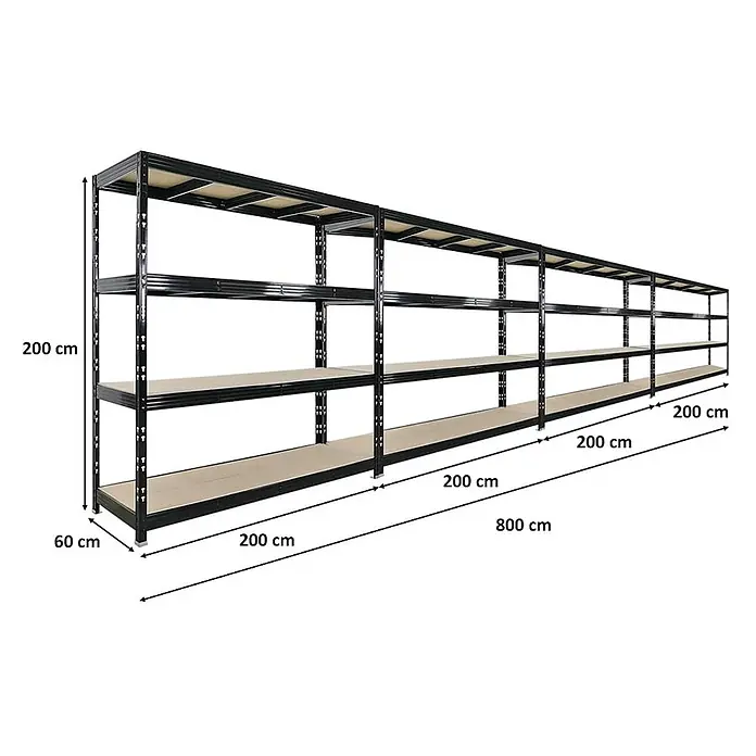 Mega Deal | 4x Profi Schwerlastregal Rhino | HxBxT 200x200x60cm | 4 Spanplatten-Ebenen 8mm | Fachlast 500kg | Schwarz -  - Langes schwarzes Metallregal mit Holzböden, 200cm hoch, 60cm tief, 800cm lang, für Schwerlastlagerung.