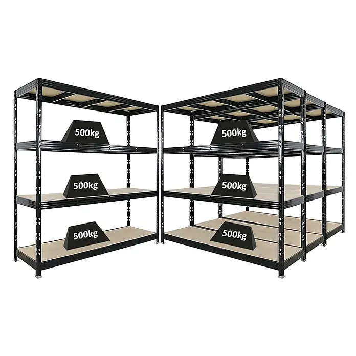 Mega Deal | 4x Profi Schwerlastregal Rhino | HxBxT 200x200x60cm | 4 Spanplatten-Ebenen 8mm | Fachlast 500kg | Schwarz -  - Schwarze Schwerlast-Metallregale mit Holzbrettern, jedes Fach trägt 500kg.