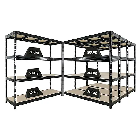 Mega Deal | 4x Profi Schwerlastregal Rhino | HxBxT 200x200x60cm | 4 Spanplatten-Ebenen 8mm | Fachlast 500kg | Schwarz