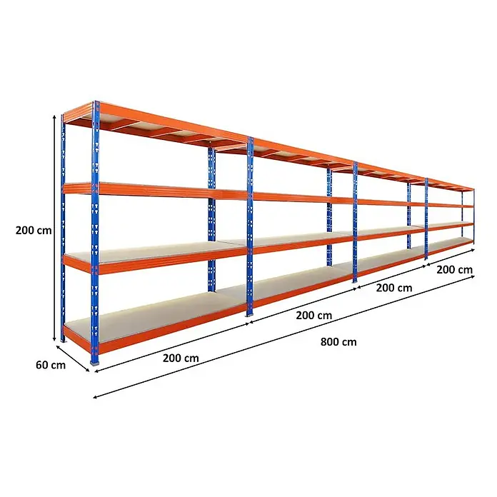 Mega Deal | 4x Profi Schwerlastregal Rhino | HxBxT 200x200x60cm | 4 Spanplatten-Ebenen 16mm | Fachlast 500kg | Blau-Orange -  - Modulares Industrieregal mit orangefarbenen Böden und blauem Rahmen. Maße: 200 cm H, 60 cm T, 800 cm L.