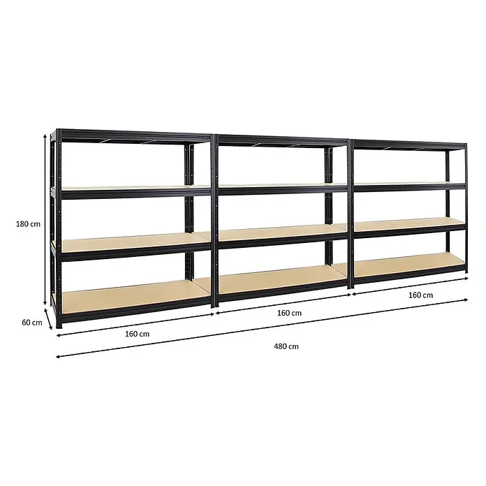 Mega Deal | 3x Schwerlastregal DINO | HxBxT 180x160x60cm | 4 MDF-Platten-Ebenen 6,5 mm | Fachlast 600kg | Schwarz -  - Drei schwarze Metallregale mit hellen Holzplatten, 480 cm lang, 180 cm hoch und 60 cm tief.