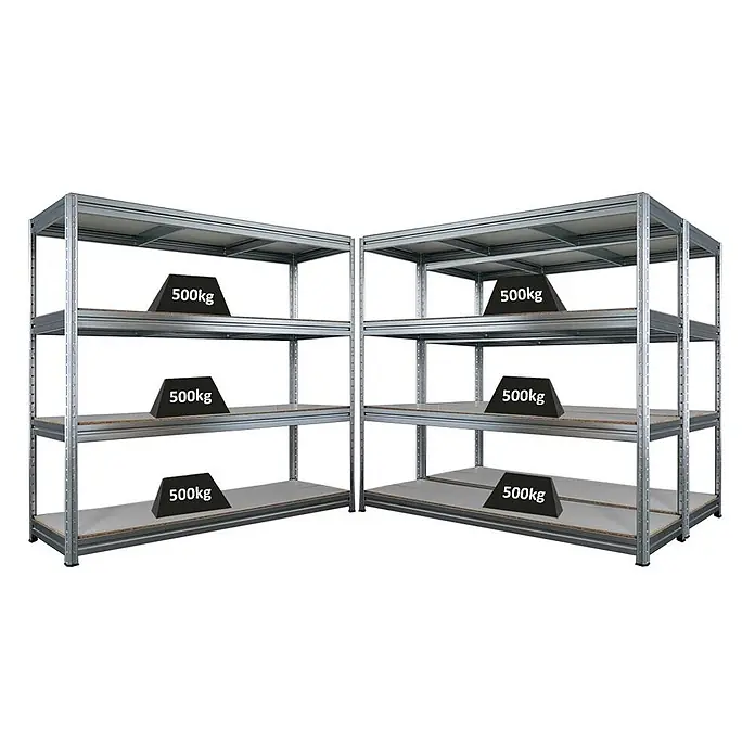 MegaDeal 3x Schwerlastregal DINO 180x200x60cm 4 Böden 500kg Verzinkt -  - Zwei graue Schwerlastregale aus Metall, jede Ablage mit 500 kg Gewicht zur Demonstration der Tragfähigkeit.
