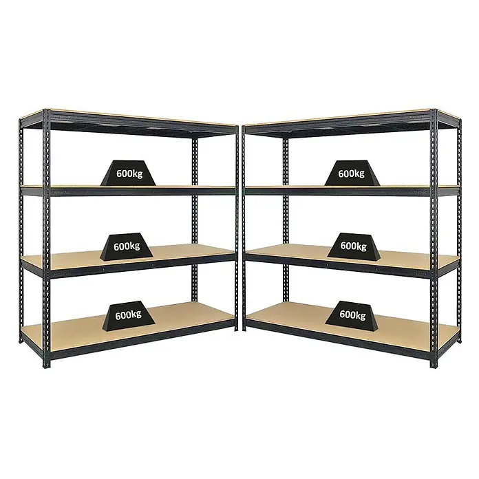 Mega Deal | 2x Profi Schwerlastregal BISON | HxBxT 200x200x60cm | 4 Fachböden | Fachlast 600kg | Schwarz -  - Zwei dunkelgraue Hochleistungs-Metallregale mit hellbraunen Holzablagen.