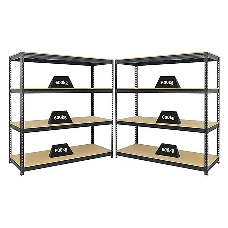 Mega Deal | 2x Profi Schwerlastregal BISON | HxBxT 200x200x60cm | 4 Fachböden | Fachlast 600kg | Schwarz