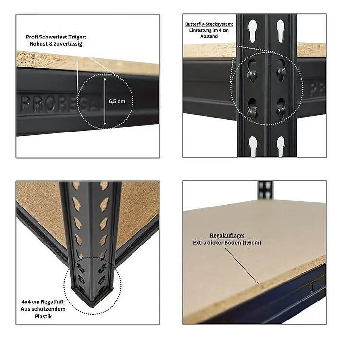 Mega Deal | 5x Profi Schwerlastregal BISON | HxBxT 200x180x60cm | 4 Fachböden | Fachlast 600kg | Schwarz -  - Schwarzmetallenes Schwerlastregal mit 1,6cm Holzablagen, 6,5cm starken Trägern, verstellbarem Butterfly-Stecksystem und 4x4cm Kunststofffüßen.