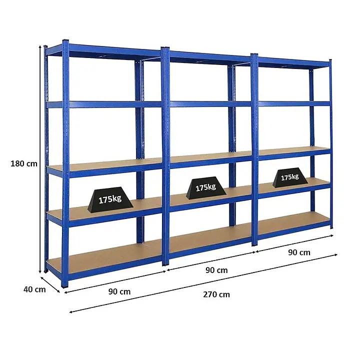 Mega Deal | 3x Schwerlastregal Ragnar | HxBxT 180x90x40cm | 5 MDF-Platten-Ebenen | Fachlast 175kg | Blau -  - Blaues Schwerlast-Metallregal, 180x270x40 cm, 175kg Traglast pro Fachboden.