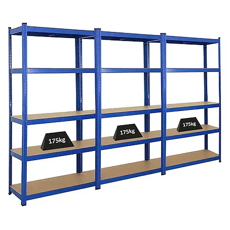 Mega Deal | 3x Schwerlastregal Ragnar | HxBxT 180x90x40cm | 5 MDF-Platten-Ebenen | Fachlast 175kg | Blau
