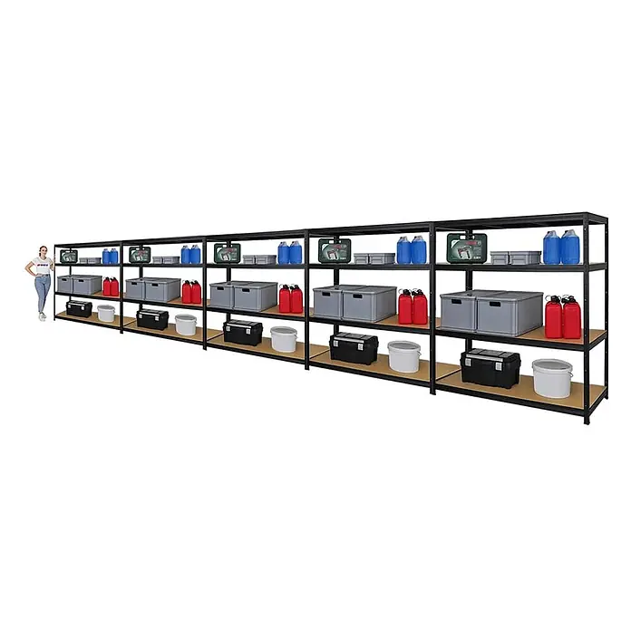 Mega Deal | 5x Schwerlastregal Giant Elephant | HxBxT 160x150x60cm | Fachlast 200kg | Schwarz -  - Langes schwarzes Metallregal mit vier Ablagen, gefüllt mit Lagerboxen und Kanistern. Eine Frau steht daneben als Größenvergleich.