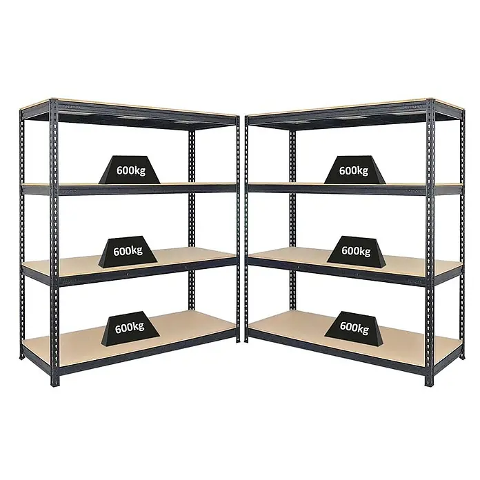 Mega Deal | 2x Profi Schwerlastregal BISON | HxBxT 200x180x60cm | 4 Fachböden | Fachlast 600kg | Schwarz -  - Zwei dunkle Metallregale mit hellen Holzablagen, jede Ablage für 600kg Tragkraft.