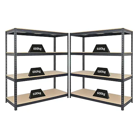 Mega Deal | 2x Profi Schwerlastregal BISON | HxBxT 200x180x60cm | 4 Fachböden | Fachlast 600kg | Schwarz