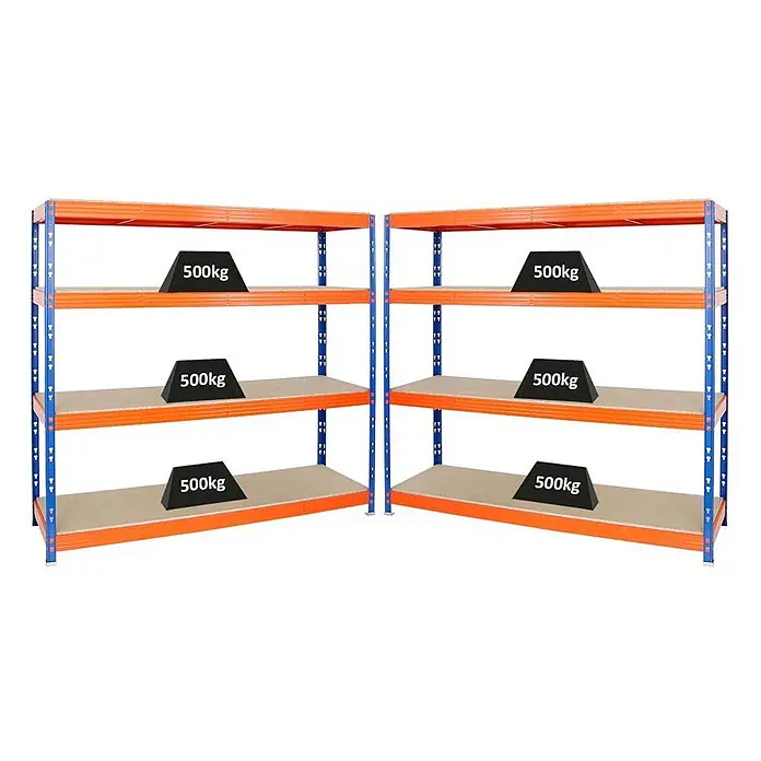 Mega Deal | 2x Profi Schwerlastregal Rhino | HxBxT 180x200x60cm | 4 Spanplatten-Ebenen 16mm | Fachlast 500kg | Blau-Orange -  - Zwei orange/blaue Schwerlastregale. Helle braune Böden tragen 500kg Gewichte, zeigen hohe Tragfähigkeit.