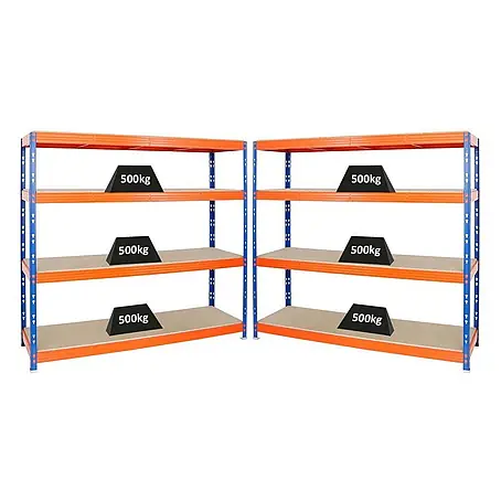 Mega Deal | 2x Profi Schwerlastregal Rhino | HxBxT 180x200x60cm | 4 Spanplatten-Ebenen 16mm | Fachlast 500kg | Blau-Orange
