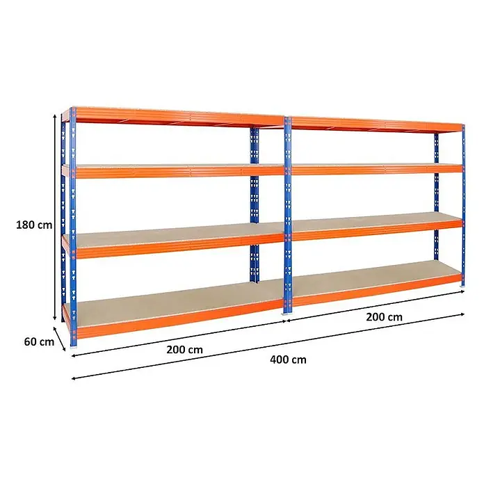 Mega Deal | 2x Profi Schwerlastregal Rhino | HxBxT 180x200x60cm | 4 Spanplatten-Ebenen 16mm | Fachlast 500kg | Blau-Orange -  - Großes blau-oranges Metallregal mit vier Ebenen, Gesamtbreite 400 cm, Höhe 180 cm, Tiefe 60 cm.