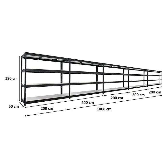 Mega Deal | 5x Schwerlastregal DINO | HxBxT 180x200x60cm | 4 Melamin-Ebenen 16mm | Fachlast 500kg | Schwarz -  - Langes schwarzes Metallregalsystem mit fünf 200-cm-Abschnitten, 180 cm hoch, 60 cm tief und hellen Regalböden.