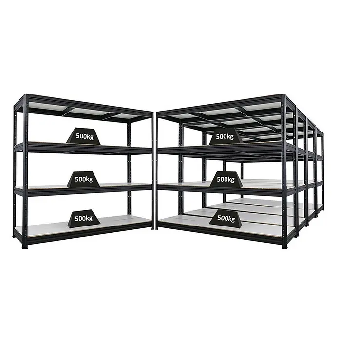 Mega Deal | 5x Schwerlastregal DINO | HxBxT 180x200x60cm | 4 Melamin-Ebenen 16mm | Fachlast 500kg | Schwarz -  - Zwei Schwerlastregaleinheiten mit schwarzen Metallrahmen und hellen Regalböden, jede Ablage für 500kg Belastung.