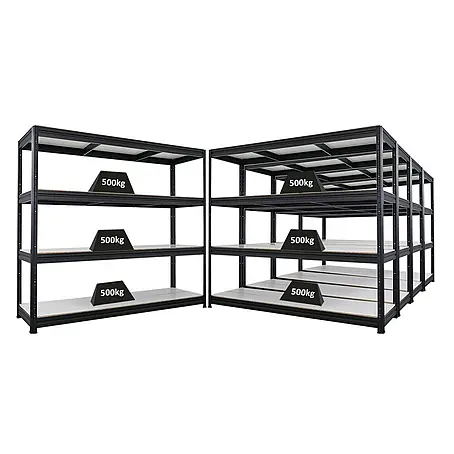Mega Deal | 5x Schwerlastregal DINO | HxBxT 180x200x60cm | 4 Melamin-Ebenen 16mm | Fachlast 500kg | Schwarz