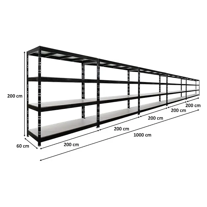 Mega Deal | 5x Profi Schwerlastregal Rhino | HxBxT 200x200x60cm | 4 Melamin-Ebenen 16mm | Fachlast 500kg | Schwarz -  - Langes schwarzes modulares Metallregal mit hellen Böden, ideal für Lager oder Garagen.