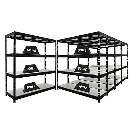 Mega Deal | 5x Profi Schwerlastregal Rhino | HxBxT 200x200x60cm | 4 Melamin-Ebenen 16mm | Fachlast 500kg | Schwarz