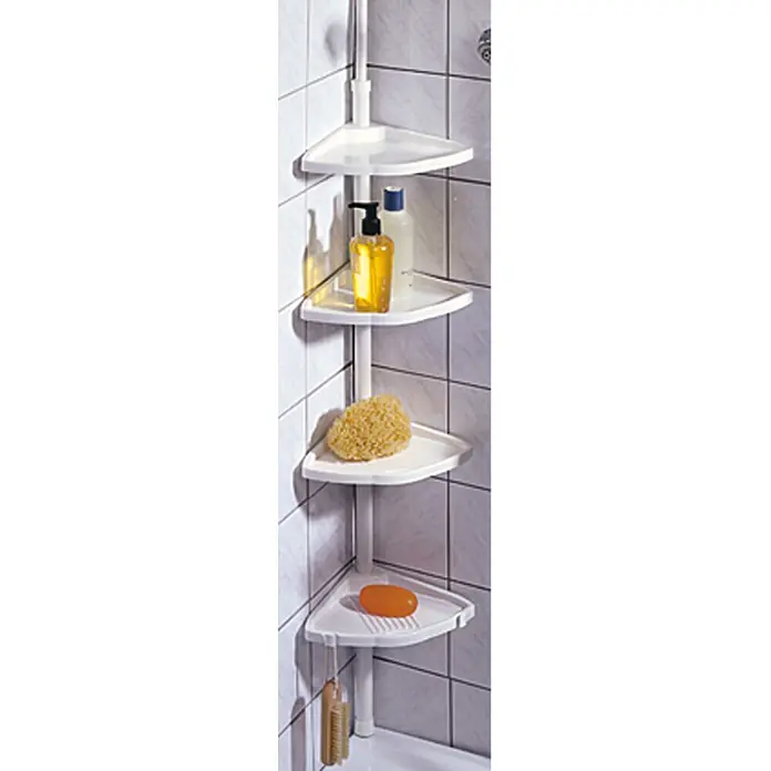 Wenko Teleskop-Eckregal Compact - 56 cm - 275 cm, 4 Ablagen, Weiß - Ein Eckregal für die Dusche mit Duschgel, Seife und einem Schwamm zur Aufbewahrung von Badartikeln, um Ordnung in Ihrem Badezimmer zu schaffen.