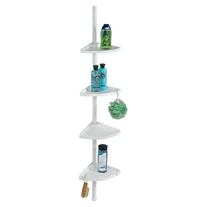Wenko Teleskop-Eckregal Compact - 56 cm - 275 cm, 4 Ablagen, Weiß - Hier ist ein Eckregal für die Dusche. Das Regal ist weiß und hat mehrere Ablagen für Shampoos, Seifen und andere Badprodukte.