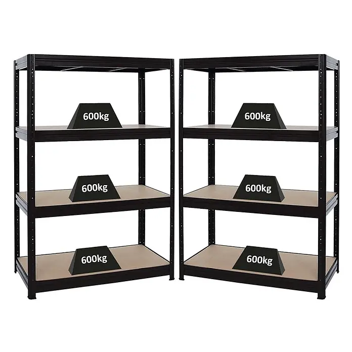 Mega Deal | 2x Schwerlastregal DINO | HxBxT 180x120x60cm | 4 MDF-Platten-Ebenen 6,5 mm | Fachlast 600kg | Schwarz -  - Zwei schwarze Schwerlast-Metallregale mit Holzablagen, die eine Tragfähigkeit von 600 kg pro Boden demonstrieren.