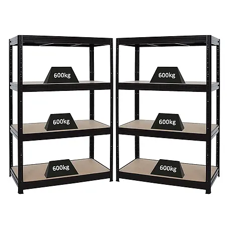 Mega Deal | 2x Schwerlastregal DINO | HxBxT 180x120x60cm | 4 MDF-Platten-Ebenen 6,5 mm | Fachlast 600kg | Schwarz
