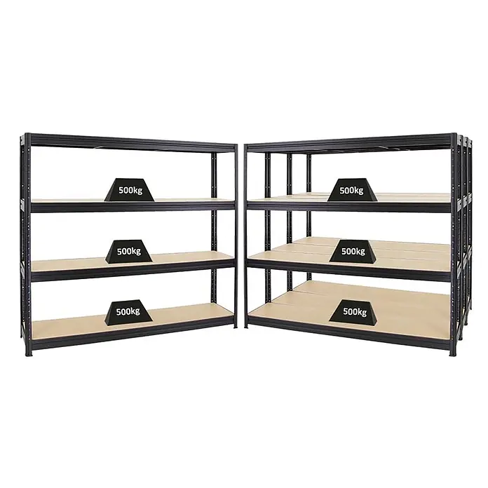 Mega Deal | 4x Schwerlastregal DINO | HxBxT 180x200x45 cm | 4 MDF-Platten-Ebenen 6,5 mm |  Fachlast 500kg | Schwarz -  - Zwei schwarze Metallregale mit hellen Holzablagen, jede Ablage mit einem 500kg Gewicht für schwere Lasten.