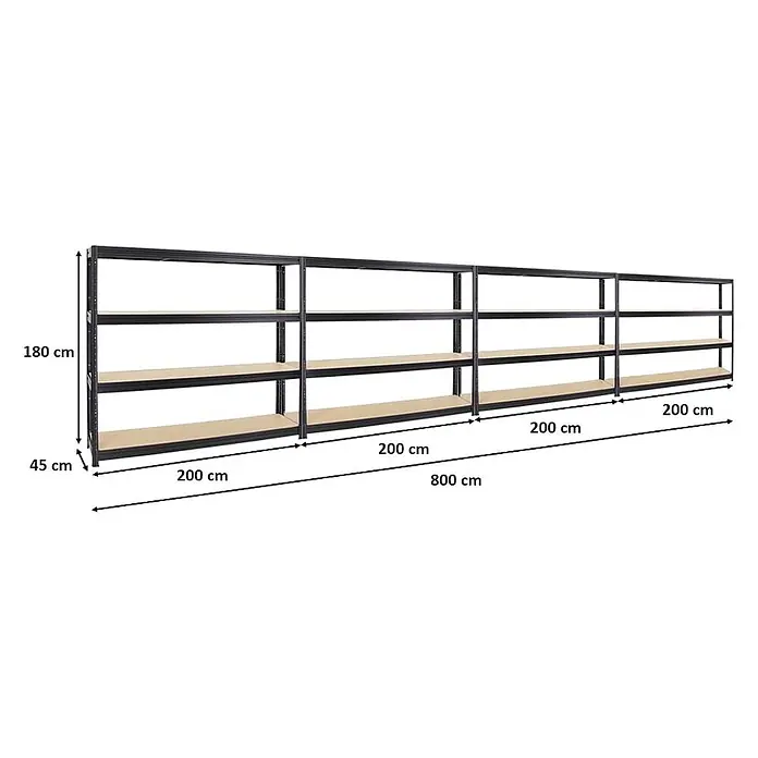 Mega Deal | 4x Schwerlastregal DINO | HxBxT 180x200x45 cm | 4 MDF-Platten-Ebenen 6,5 mm |  Fachlast 500kg | Schwarz -  - Vier schwarze Metallregale mit Holzablagen, 180 cm hoch, 45 cm tief, 800 cm lang.