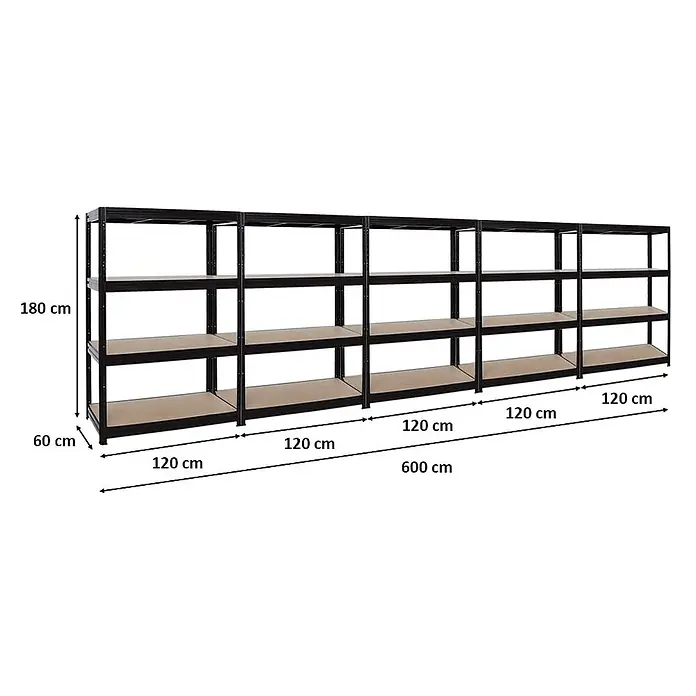 Mega Deal | 5x Schwerlastregal DINO | HxBxT 180x120x60cm | 4 MDF-Platten-Ebenen 6,5 mm | Fachlast 600kg | Schwarz -  - Schwarzes Metallregal mit fünf Abschnitten und hellbraunen Einlegeböden, 180 cm hoch, 60 cm tief, 600 cm lang.