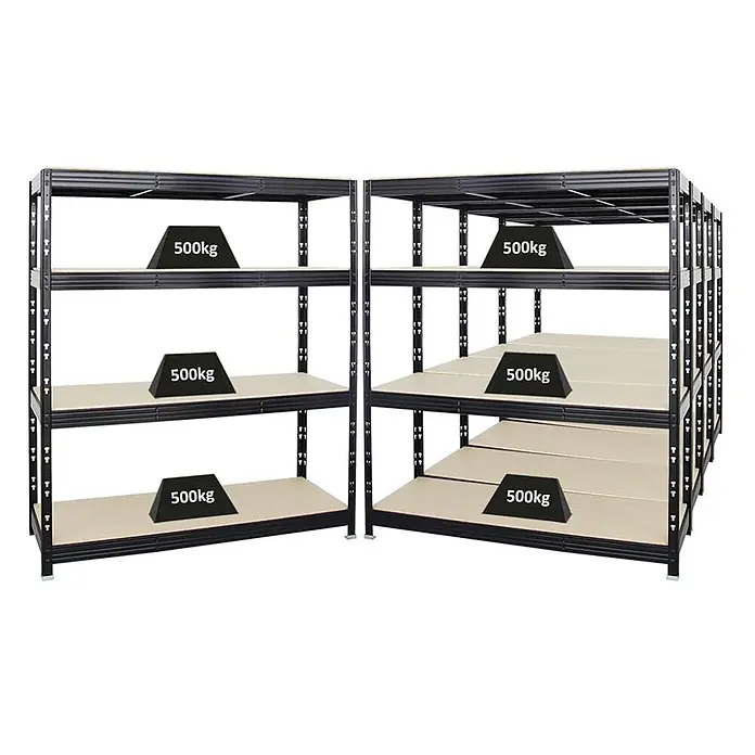 Mega Deal | 5x Profi Schwerlastregal Rhino | HxBxT 180x160x60cm | 4 Spanplatten-Ebenen 16mm | Fachlast 500kg | Schwarz -  - Zwei schwarze Metall Schwerlastregale mit beigen Böden, jedes zeigt eine Tragkraft von 500kg.