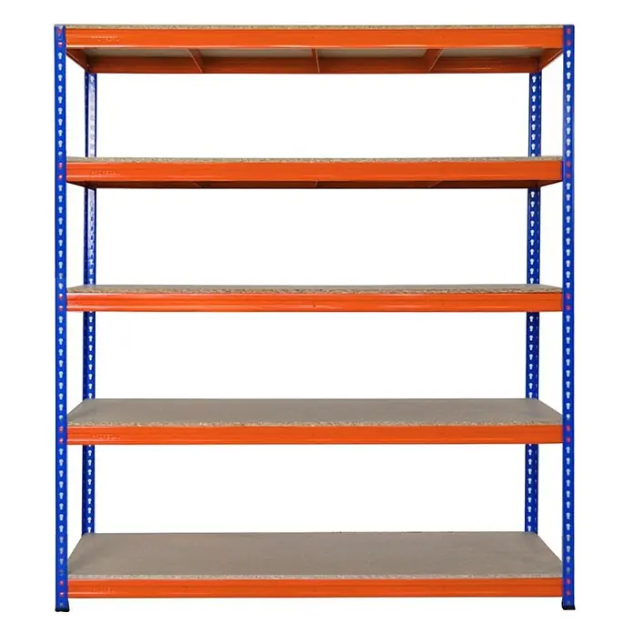 Profi Schwerlastregal BISON | HxBxT 200x180x60cm | 5 Spanplatten-Ebenen 15mm | Fachlast 600kg | Blau-Orange -  - Fünfstöckiges Lagerregal mit blauem Metallrahmen, orangefarbenen Querträgern und hellbraunen Einlegeböden.