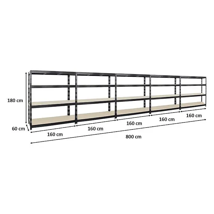 Mega Deal | 5x Profi Schwerlastregal Rhino | HxBxT 180x160x60cm | 4 Spanplatten-Ebenen 16mm | Fachlast 500kg | Schwarz -  - Schwarzes Metallregal mit fünf Abschnitten und hellen Holzböden. Maße 180x60x800 cm (HxTxB).