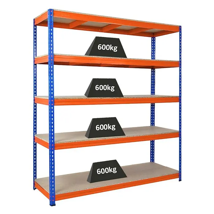 Profi Schwerlastregal BISON | HxBxT 200x180x60cm | 5 Spanplatten-Ebenen 15mm | Fachlast 600kg | Blau-Orange -  - Blau-orange Metallregal mit vier Holzablagen, jeweils für 600 kg ausgelegt.