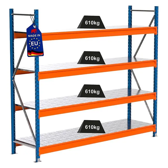 PROREGAL Industrie Weitspannregal Lagerregal MAXIMUS PRO Grundregal HxBxT 200x225x60cm 4 Ebenen, Stahlplatten-Fachboden, Fachlast 610 kg Blau/Orange -  - Blau-orange Metall-Lagerregal mit 4 Böden, jeder 610kg tragend. Mit "Made in EU"-Etikett.