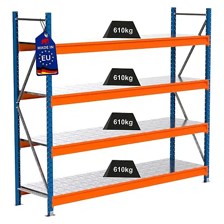PROREGAL Industrie Weitspannregal Lagerregal MAXIMUS PRO Grundregal HxBxT 200x225x60cm 4 Ebenen, Stahlplatten-Fachboden, Fachlast 610 kg Blau/Orange