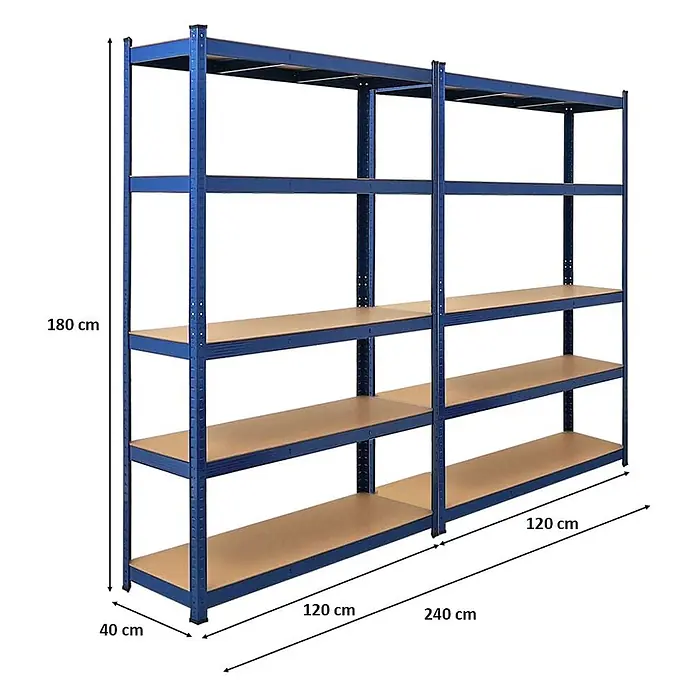 MegaDeal 2x Schwerlastregal Ragnar 180x120x40cm 5 MDF Fachlast 175kg Blau -  - Blaues Metallregal mit 5 Holzregalböden pro Sektion, als breites Lagerregal. Maße: 180x240x40 cm.