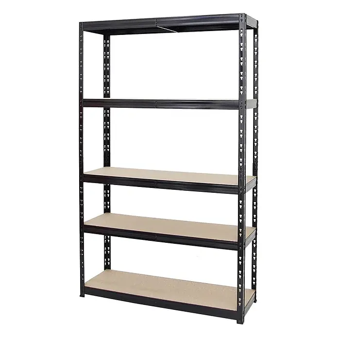 Schwerlastregal Giant Tiger 200x120x40cm Fachlast 265kg 5 Ebenen Schwarz -  - Schwarzmetall-Regal mit fünf Ebenen und hellbraunen Holzablagen für schwere Lasten.