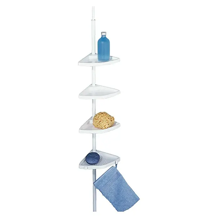 Wenko Rinconera de ducha telescópica Easy - Ajuste de altura: 78 cm - 265 cm, 4 estantes, Blanco - Estante de ducha con cuatro estantes con gel de ducha, esponja, jabón y toallita. Práctico accesorio de ducha para el baño.