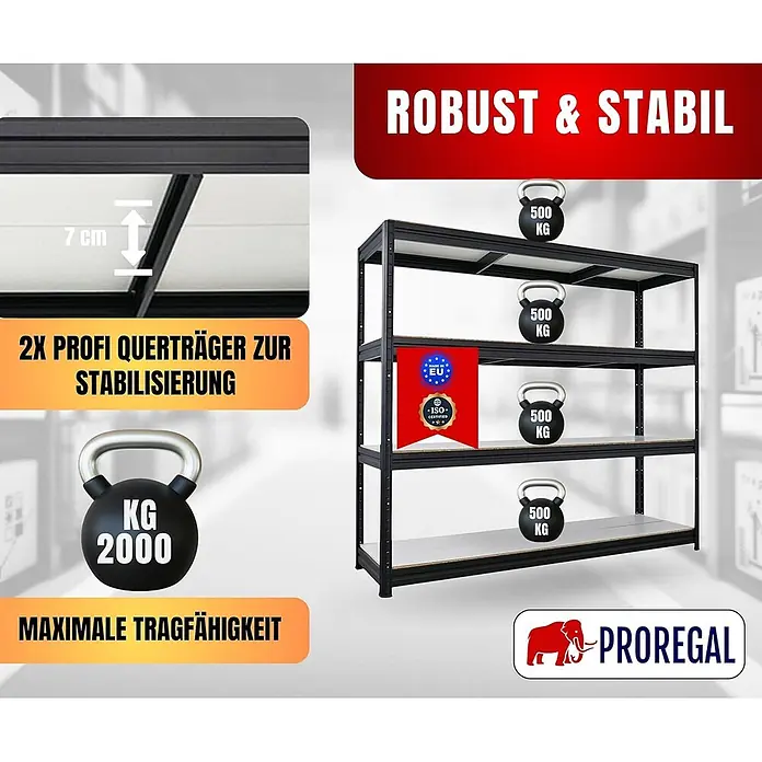 Schwerlastregal DINO | HxBxT 180x200x60cm | 4 Melamin-Ebenen 16mm | Fachlast 500kg | Schwarz -  - Schwarzes Schwerlastregal aus Metall mit 500 kg Tragkraft pro Boden und robuster Bauweise, insgesamt 2000 kg Belastbarkeit.