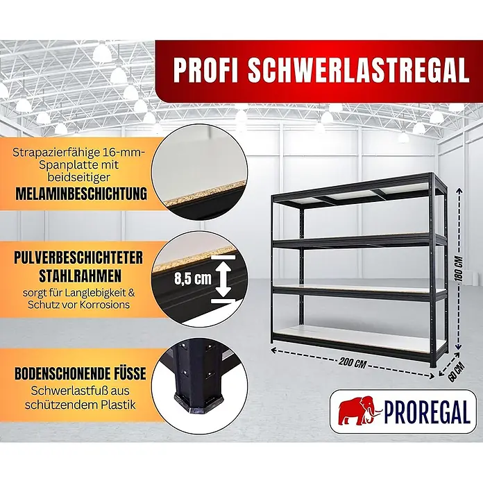Schwerlastregal DINO 180x200x60cm 4 Melamin-Ebenen 16mm 500kg Schwarz -  - Schwerlastregal aus pulverbeschichtetem Stahl mit melaminbeschichteten Spanplattenböden, 180x200x60 cm. Mit bodenschonenden Füßen.