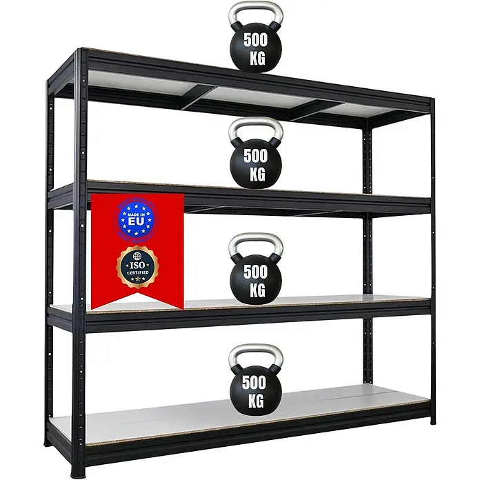 Schwerlastregal DINO 180x200x60cm 4 Melamin-Ebenen 16mm 500kg Schwarz -  - Robustes schwarzes Metallregal mit hellen Einlegeböden, dargestellt mit vier 500 kg Gewichten.