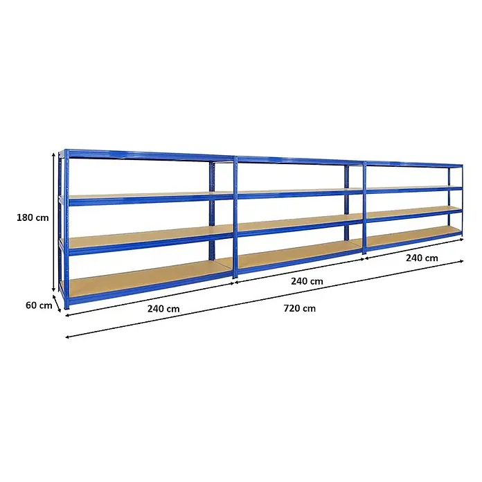 Mega Deal | 3x Schwerlastregal DINO | HxBxT 180x240x60 cm | 4 MDF-Platten-Ebenen 6,5 mm |  Fachlast 450kg | Blau -  - Lange blaue Metallregaleinheit mit beigefarbenen Holzablagen, bestehend aus drei Abschnitten für umfangreiche Lagerung.