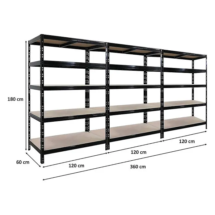 Mega Deal | 3x Schwerlastregal Tiger | HxBxT 180x120x60cm | Fachlast 265kg | Schwarz -  - Schwarzes Metallregal mit 5 Holzböden, 180 cm hoch, 60 cm tief und 360 cm breit (3x 120 cm).